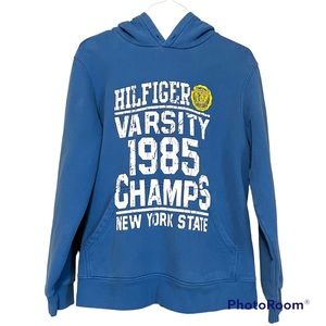 Tommy Hilfiger Mens Hoodie in blue with white and yellow wording Size Medium